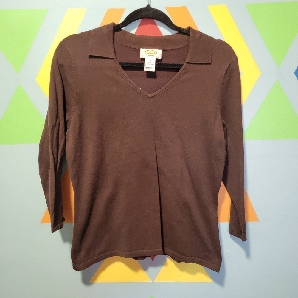 Talbots Petite Women's Vintage Brown Sweater Blend Collared Shirt Size Medium P